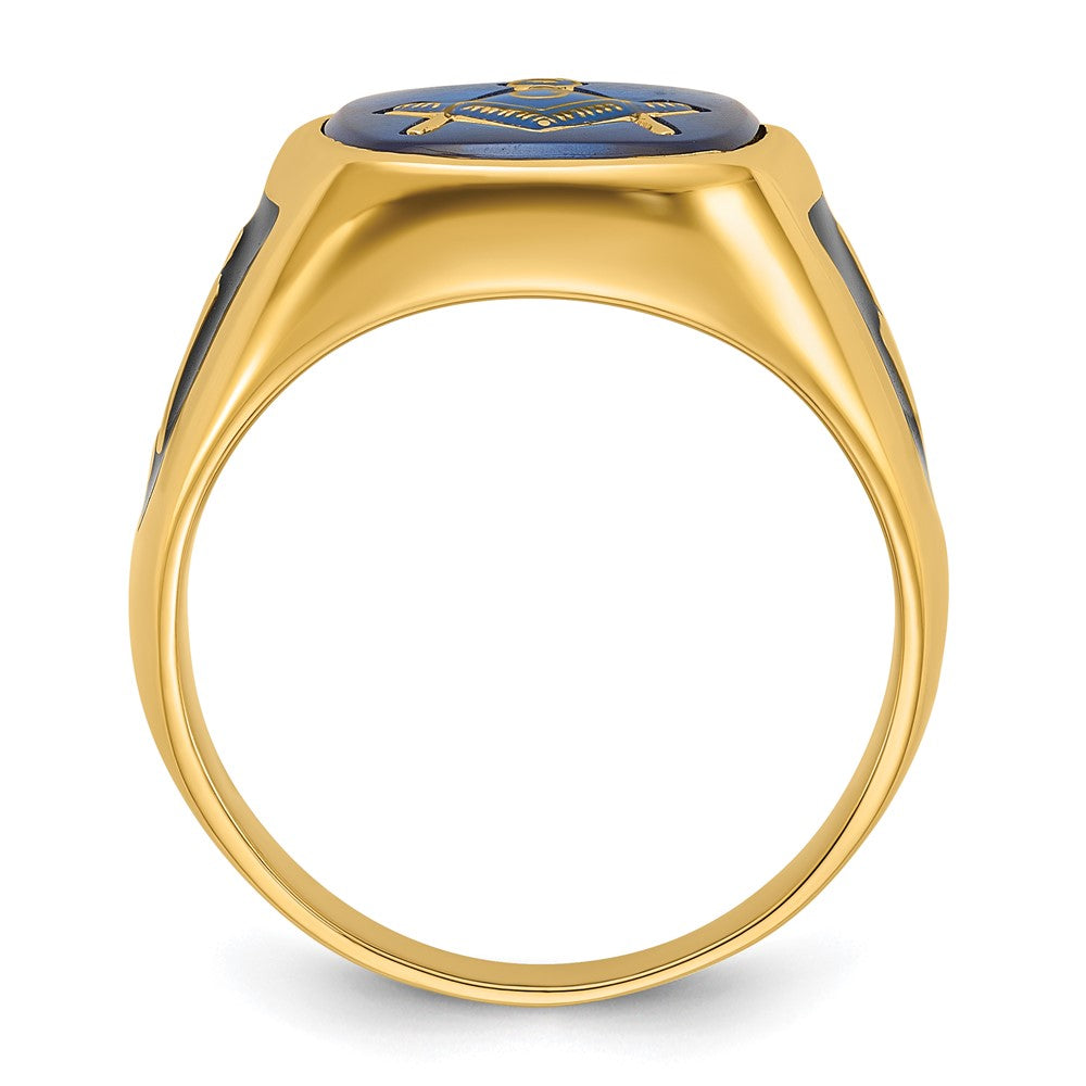 14K Gelbgold Herren-Siegelring, poliert und texturiert, mit schwarzer Emaille und imitiertem blauem Spinell, Masonic
