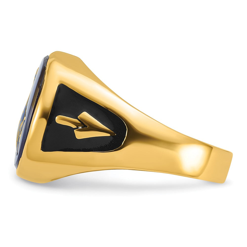 14K Gelbgold Herren-Siegelring, poliert und texturiert, mit schwarzer Emaille und imitiertem blauem Spinell, Masonic