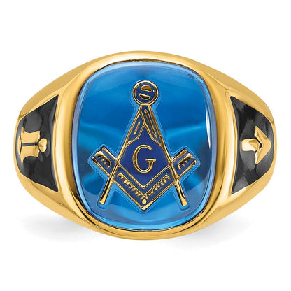 14K Gelbgold Herren-Siegelring, poliert und texturiert, mit schwarzer Emaille und imitiertem blauem Spinell, Masonic