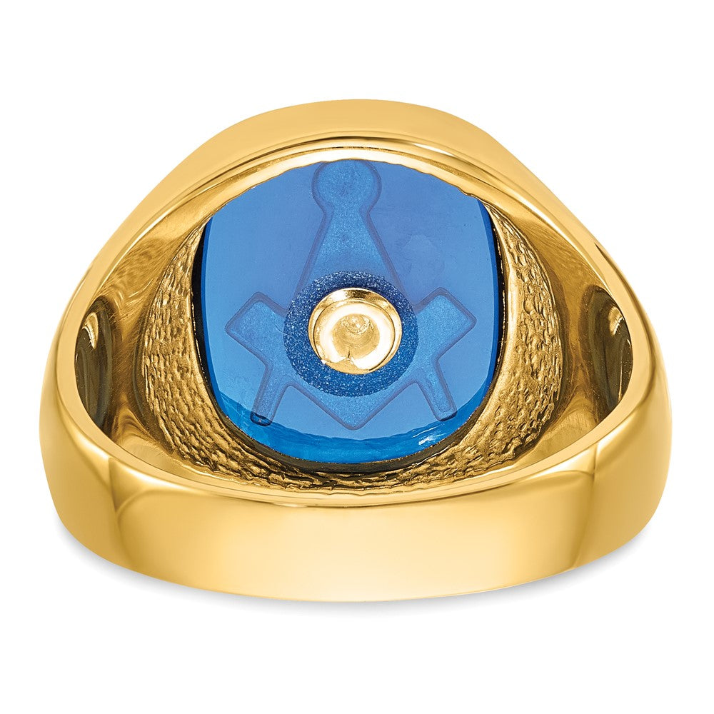 14K Gelbgold Herren-Siegelring, poliert und texturiert, mit schwarzer Emaille und imitiertem blauem Spinell, Masonic
