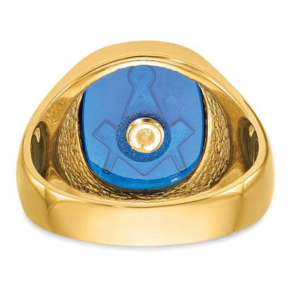14K Gelbgold Herren-Siegelring, poliert und texturiert, mit schwarzer Emaille und imitiertem blauem Spinell, Masonic