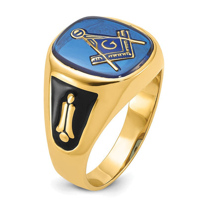 14K Gelbgold Herren-Siegelring, poliert und texturiert, mit schwarzer Emaille und imitiertem blauem Spinell, Masonic