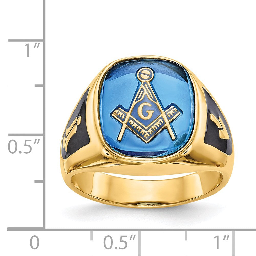 14K Gelbgold Herren-Siegelring, poliert und texturiert, mit schwarzer Emaille und imitiertem blauem Spinell, Masonic