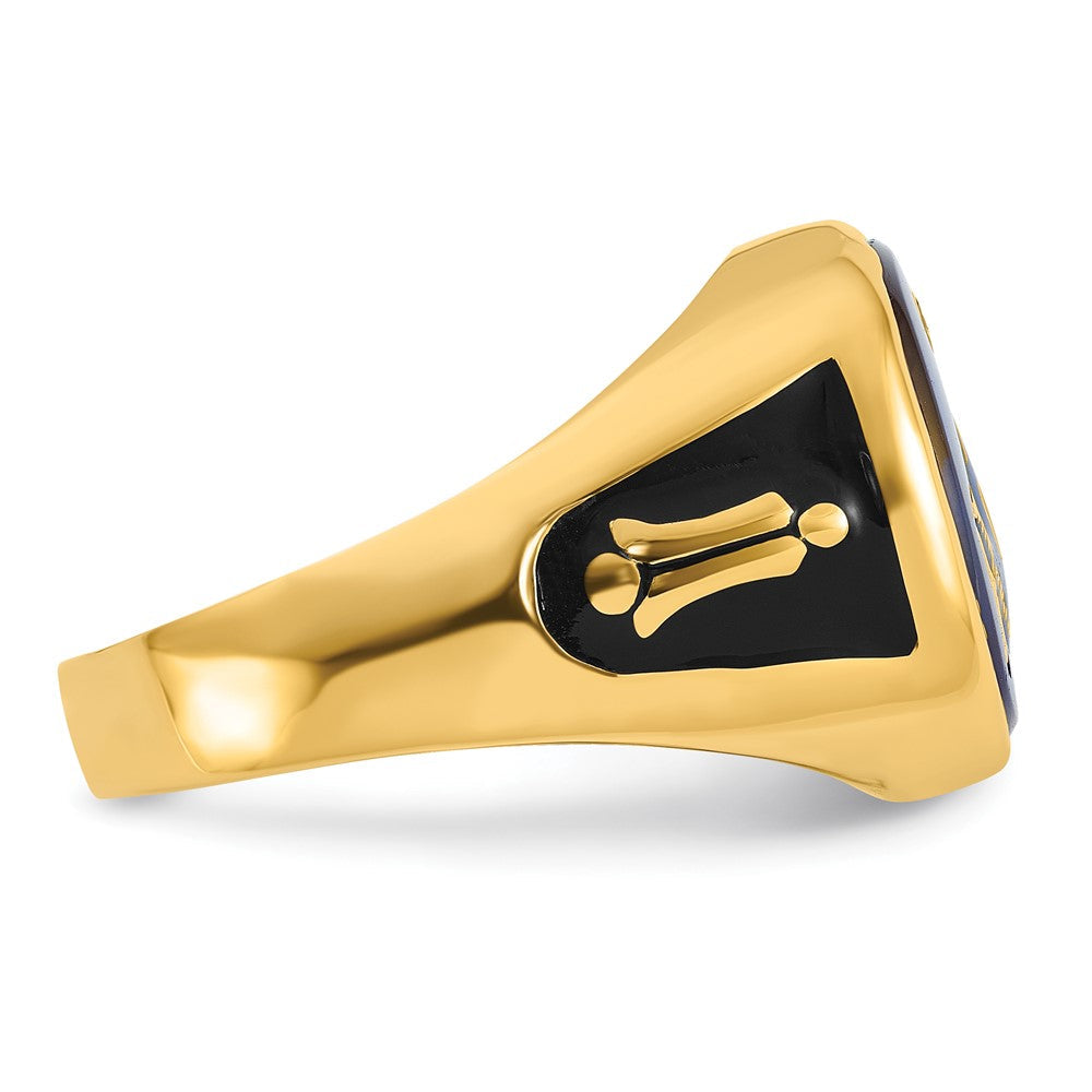 14K Gelbgold Herren-Siegelring, poliert und texturiert, mit schwarzer Emaille und imitiertem blauem Spinell, Masonic