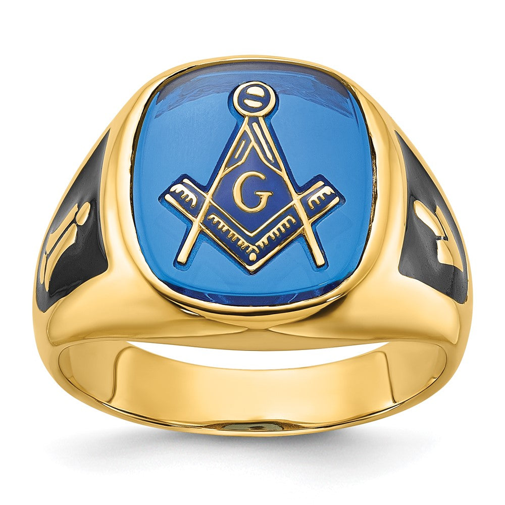 14K Gelbgold Herren-Siegelring, poliert und texturiert, mit schwarzer Emaille und imitiertem blauem Spinell, Masonic