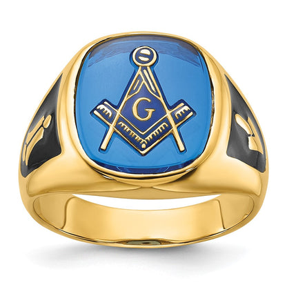 14K Gelbgold Herren-Siegelring, poliert und texturiert, mit schwarzer Emaille und imitiertem blauem Spinell, Masonic