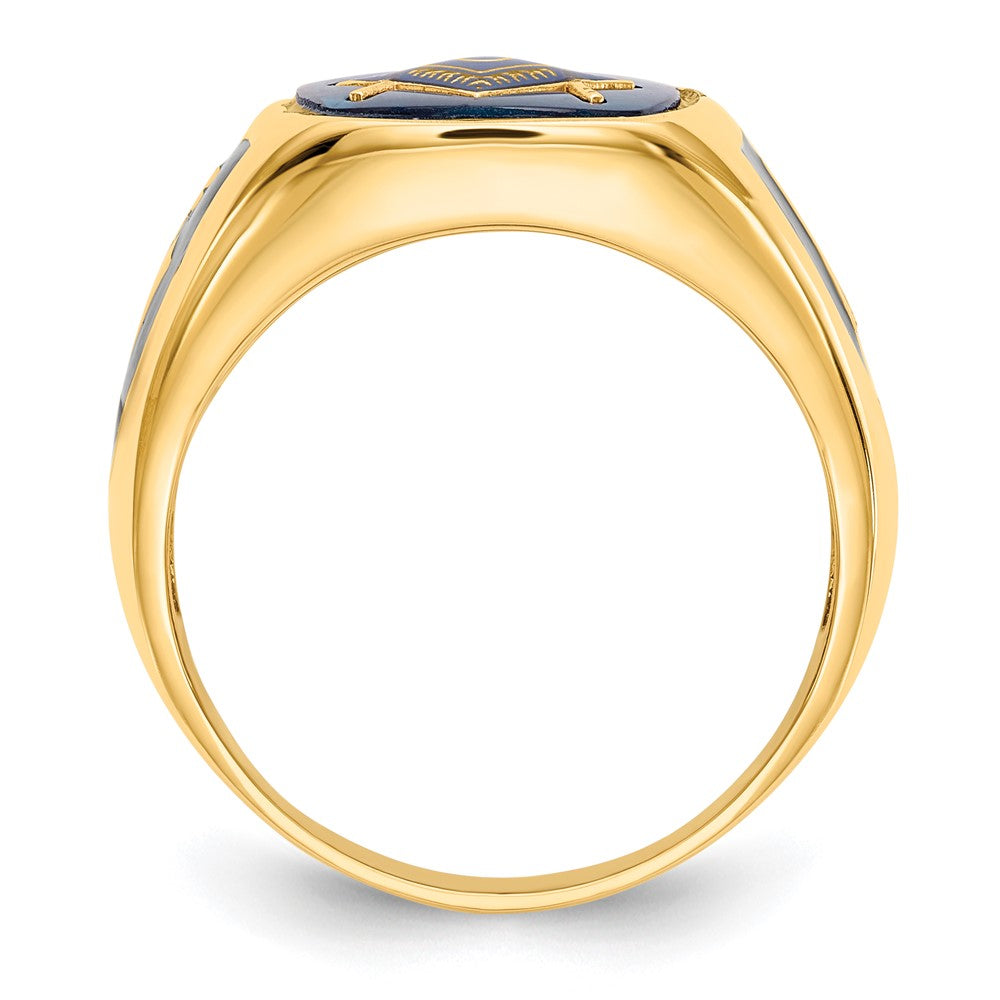 14K Gelbgold Herren-Freimaurerring, poliert, antik und texturiert, mit imitiertem blauem Spinell