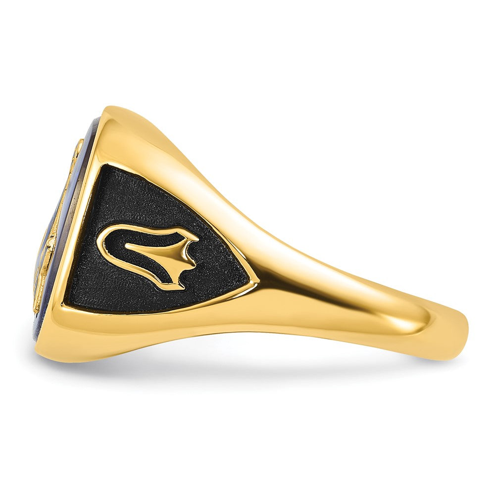 14K Gelbgold Herren-Freimaurerring, poliert, antik und texturiert, mit imitiertem blauem Spinell