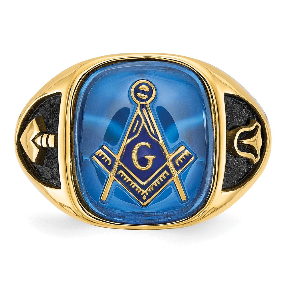 14K Gelbgold Herren-Freimaurerring, poliert, antik und texturiert, mit imitiertem blauem Spinell
