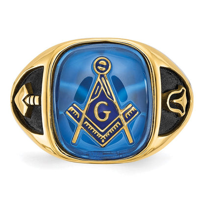 14K Gelbgold Herren-Freimaurerring, poliert, antik und texturiert, mit imitiertem blauem Spinell