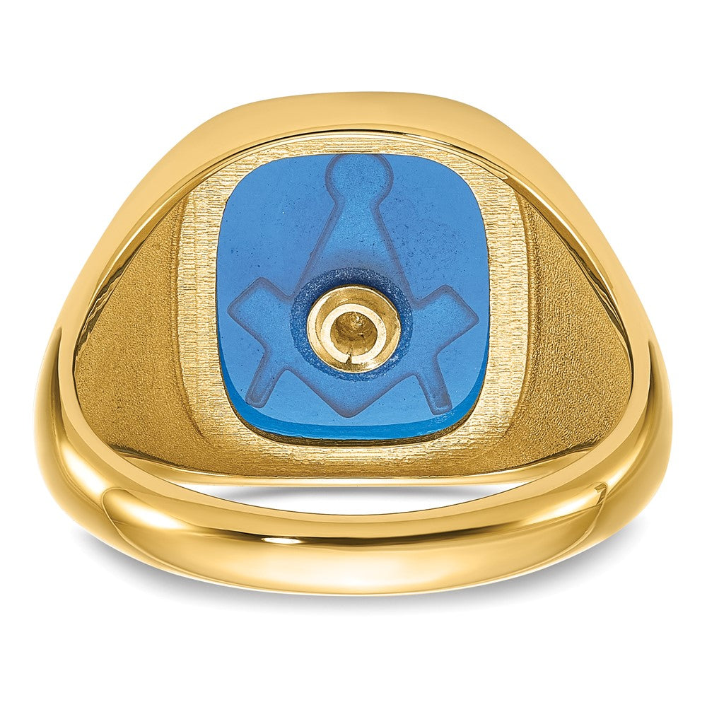 14K Gelbgold Herren-Freimaurerring, poliert, antik und texturiert, mit imitiertem blauem Spinell
