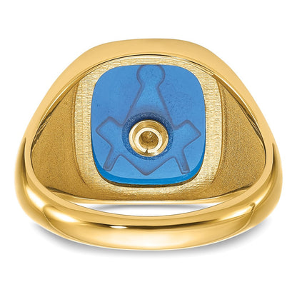 14K Gelbgold Herren-Freimaurerring, poliert, antik und texturiert, mit imitiertem blauem Spinell