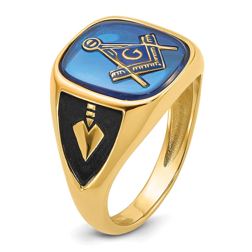 14K Gelbgold Herren-Freimaurerring, poliert, antik und texturiert, mit imitiertem blauem Spinell