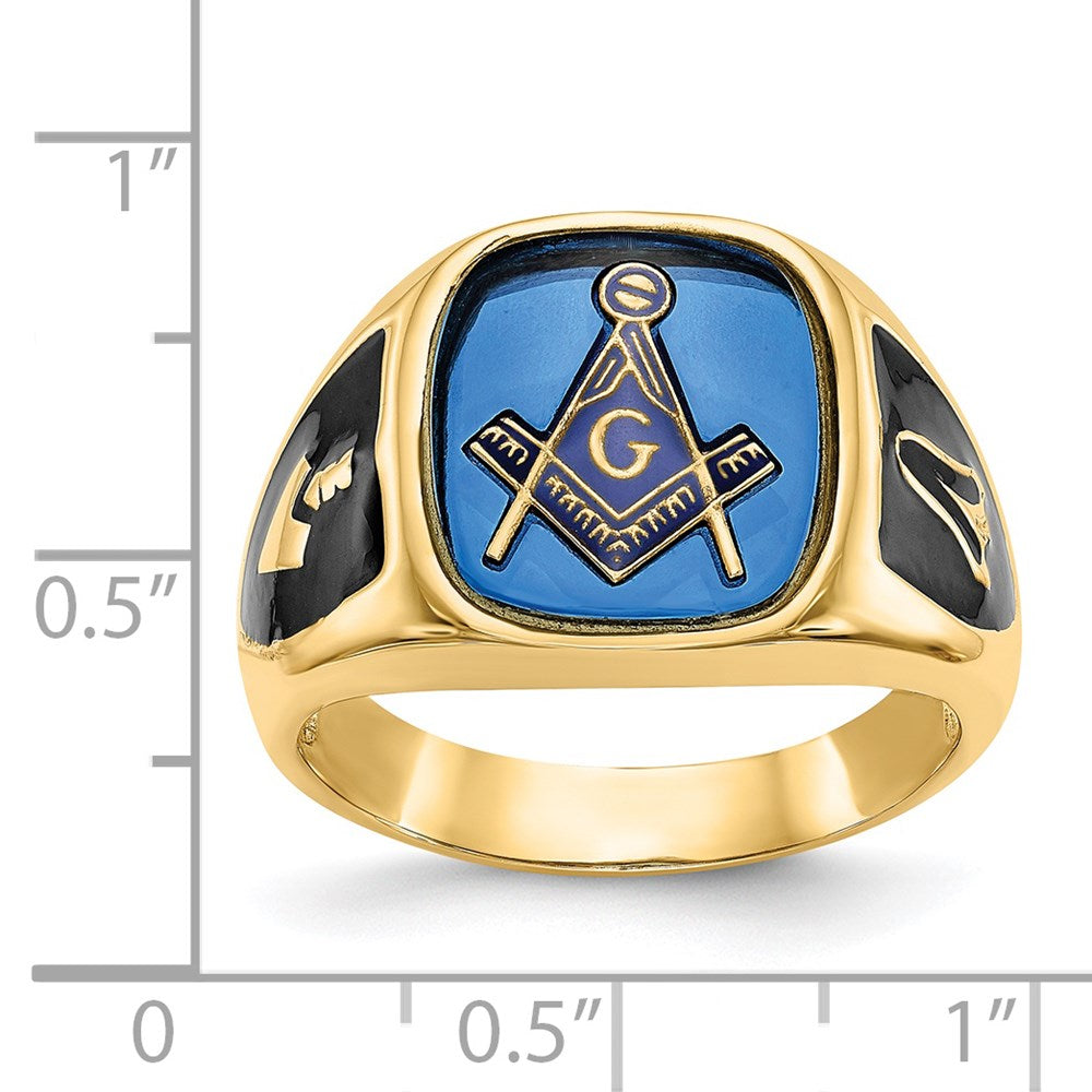 14K Gelbgold Herren-Freimaurerring, poliert, antik und texturiert, mit imitiertem blauem Spinell