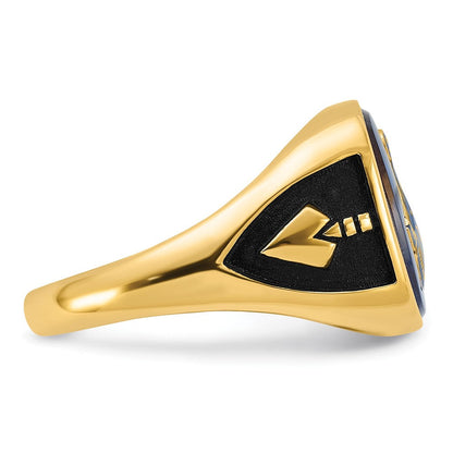 14K Gelbgold Herren-Freimaurerring, poliert, antik und texturiert, mit imitiertem blauem Spinell