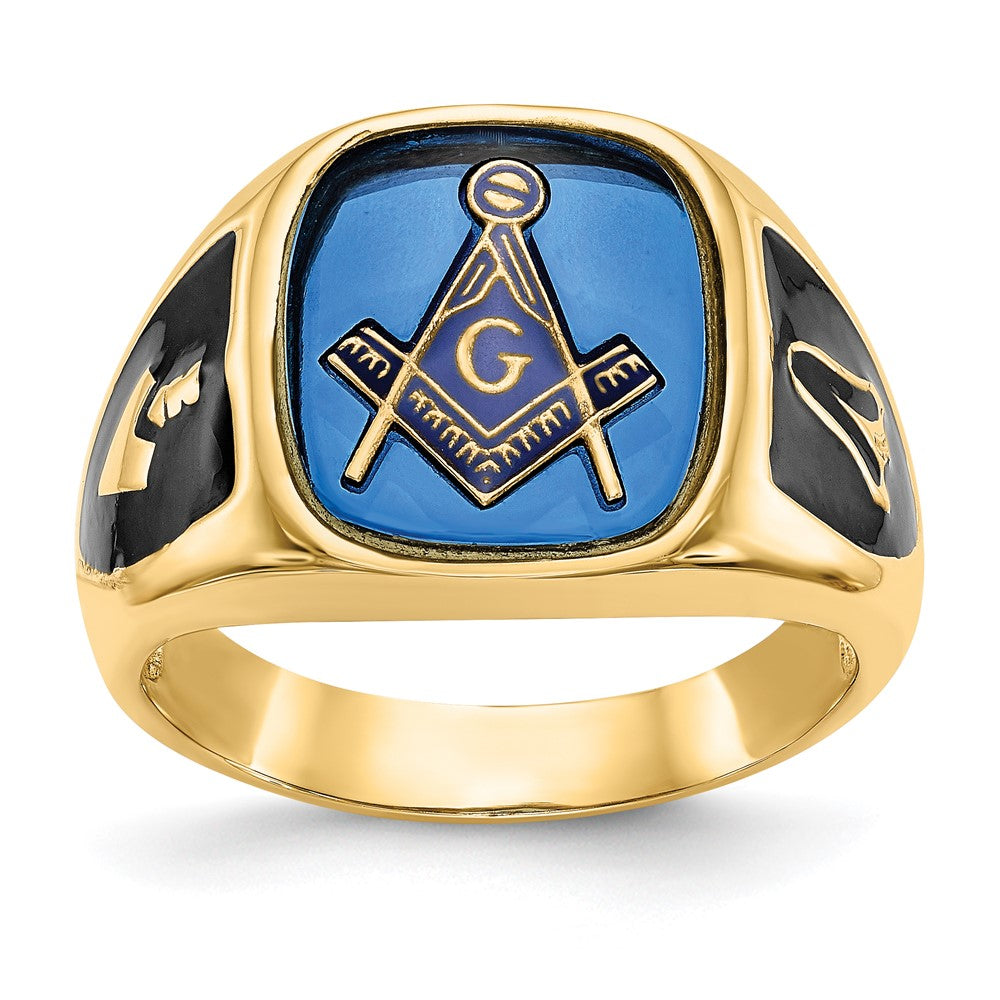 14K Gelbgold Herren-Freimaurerring, poliert, antik und texturiert, mit imitiertem blauem Spinell