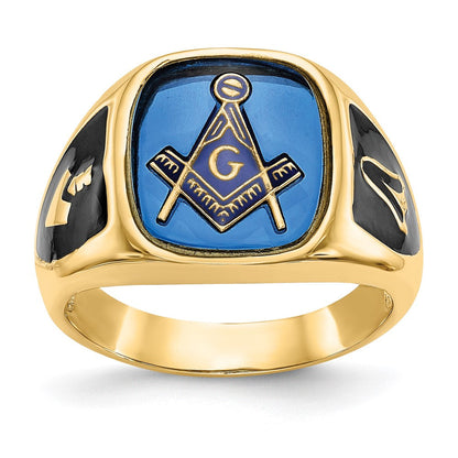 14K Gelbgold Herren-Freimaurerring, poliert, antik und texturiert, mit imitiertem blauem Spinell