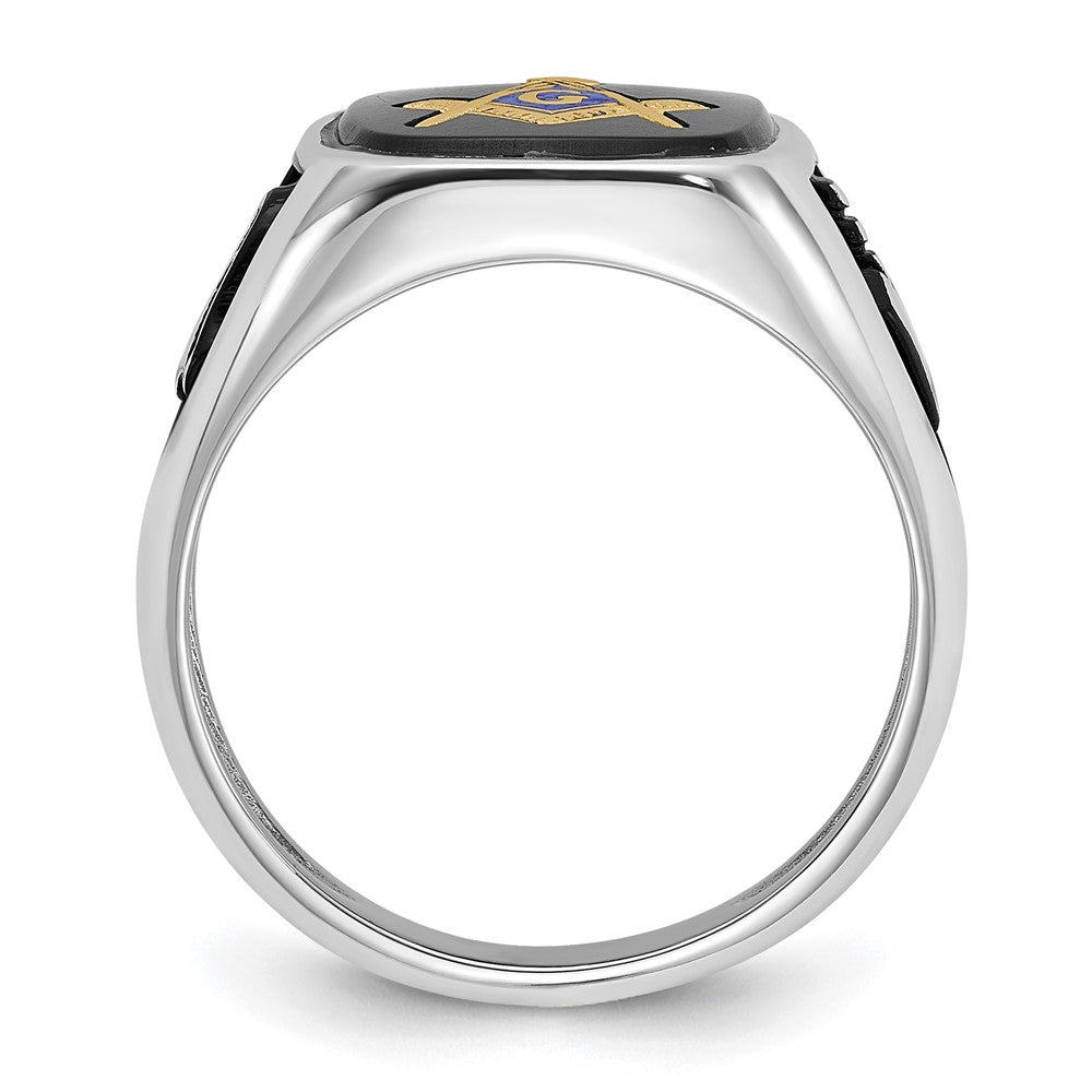 14K Weißgold und vergoldeter, polierter und texturierter Freimaurer-Ring mit schwarzem Emaille und Onyx