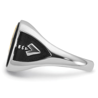 14K Weißgold und vergoldeter, polierter und texturierter Freimaurer-Ring mit schwarzem Emaille und Onyx