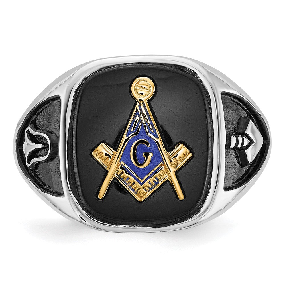 14K Weißgold und vergoldeter, polierter und texturierter Freimaurer-Ring mit schwarzem Emaille und Onyx