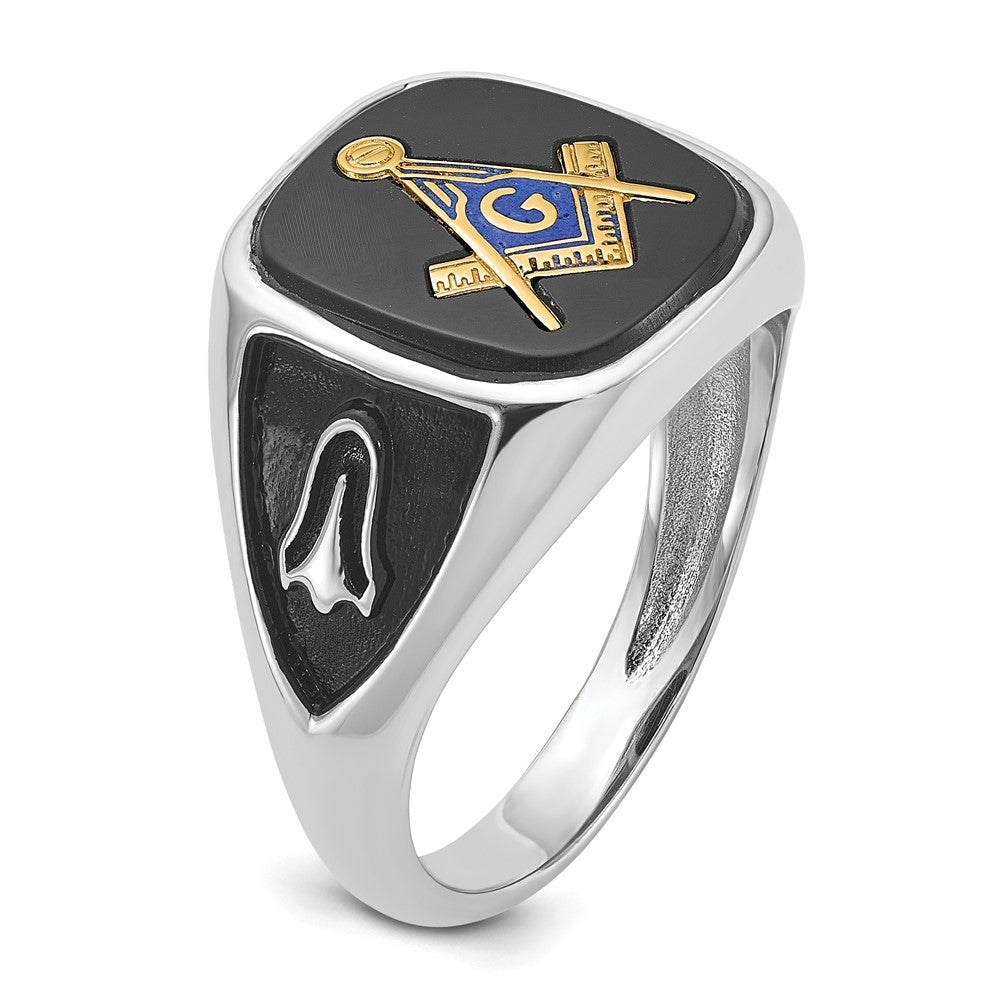 14K Weißgold und vergoldeter, polierter und texturierter Freimaurer-Ring mit schwarzem Emaille und Onyx