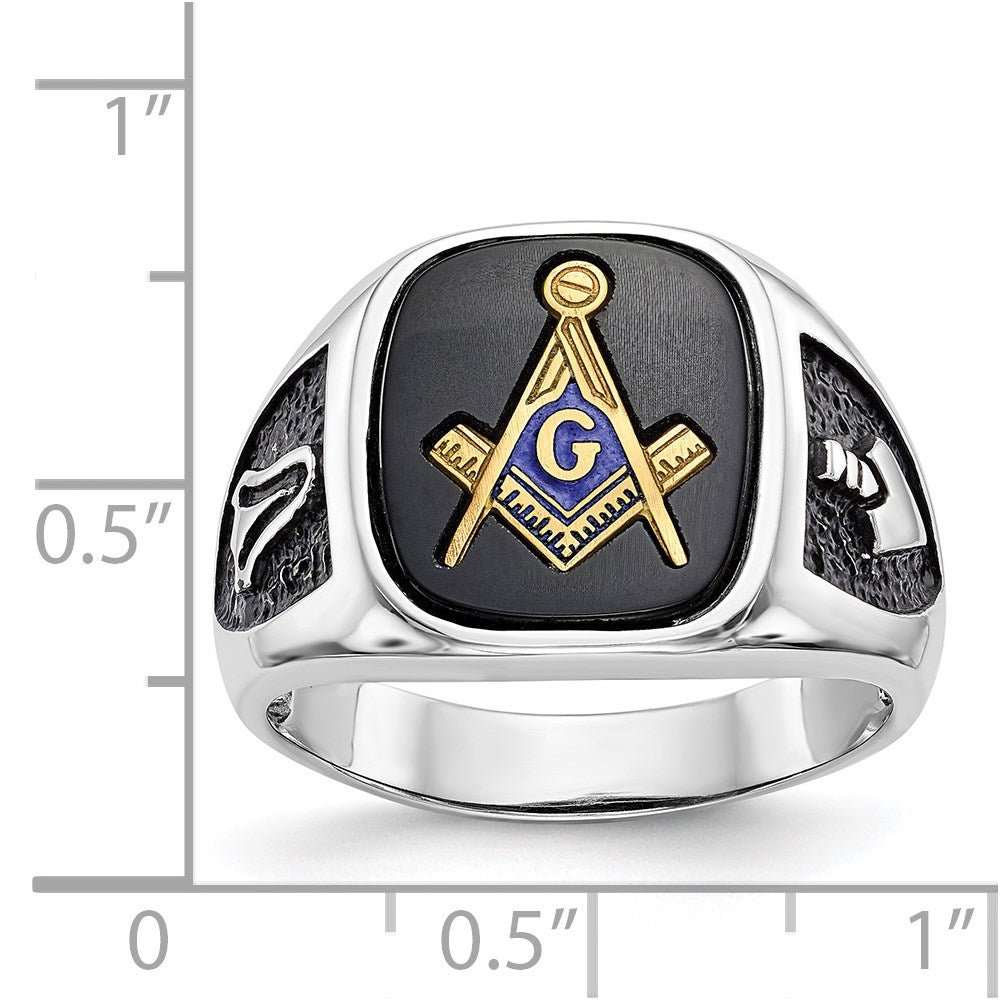 14K Weißgold und vergoldeter, polierter und texturierter Freimaurer-Ring mit schwarzem Emaille und Onyx