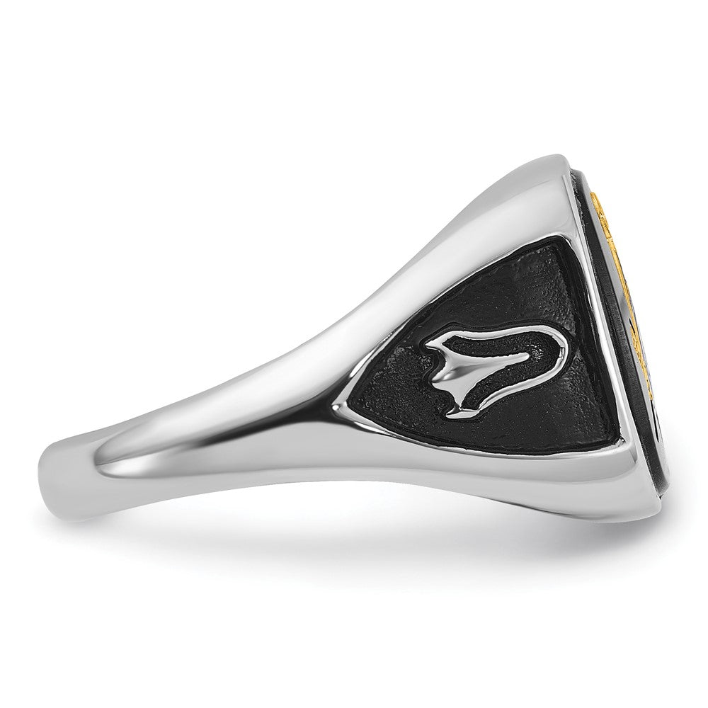 14K Weißgold und vergoldeter, polierter und texturierter Freimaurer-Ring mit schwarzem Emaille und Onyx