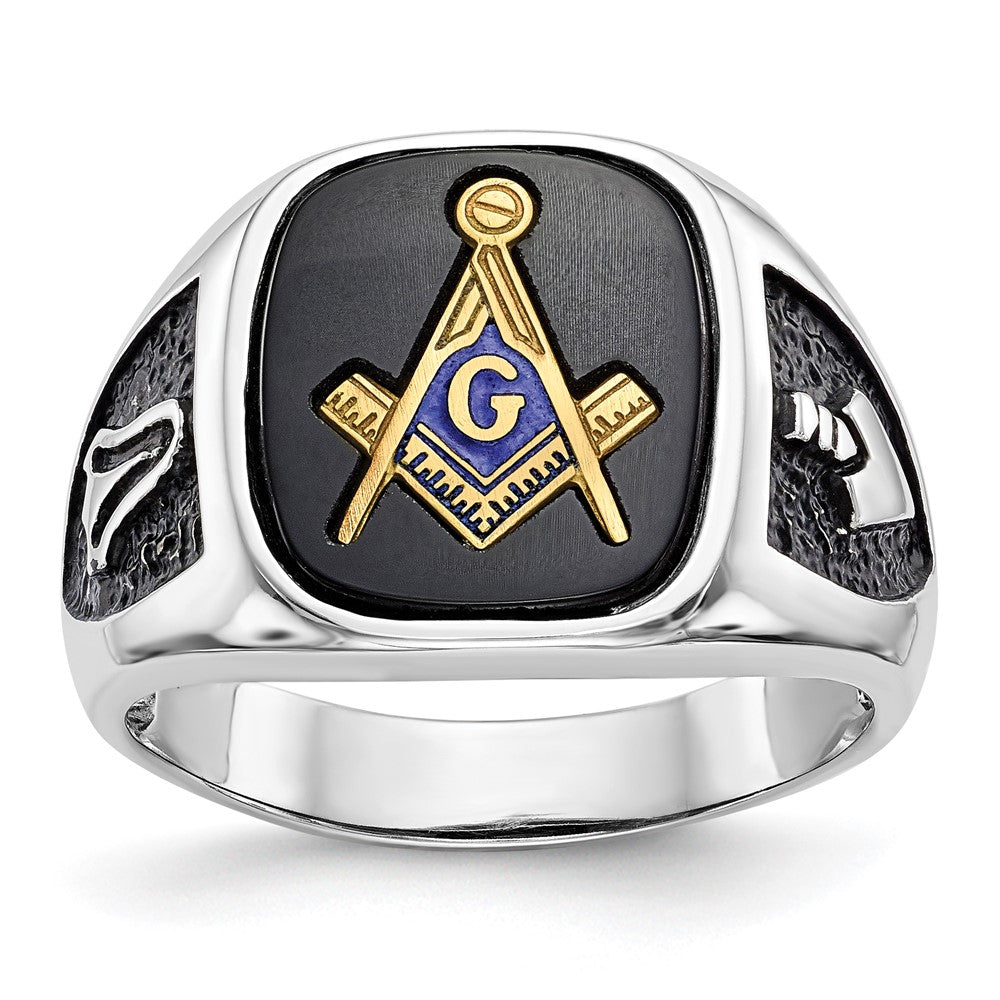14K Weißgold und vergoldeter, polierter und texturierter Freimaurer-Ring mit schwarzem Emaille und Onyx