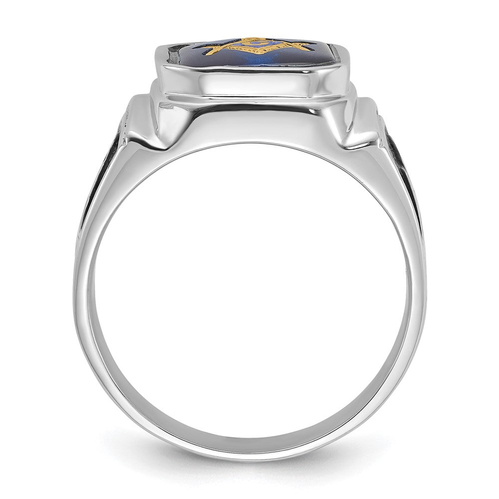 14K Weißgold Siegelring, poliert und strukturiert, mit schwarzem Emaille und imitiertem blauem Spinell, Freimaurer-Design