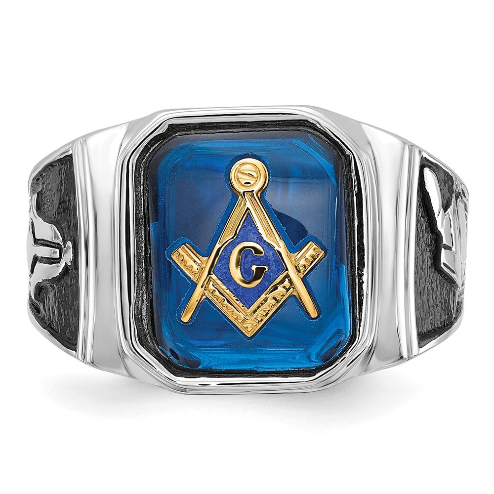 14K Weißgold Siegelring, poliert und strukturiert, mit schwarzem Emaille und imitiertem blauem Spinell, Freimaurer-Design