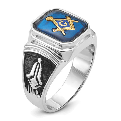 14K Weißgold Siegelring, poliert und strukturiert, mit schwarzem Emaille und imitiertem blauem Spinell, Freimaurer-Design
