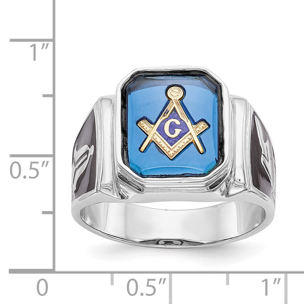 14K Weißgold Siegelring, poliert und strukturiert, mit schwarzem Emaille und imitiertem blauem Spinell, Freimaurer-Design