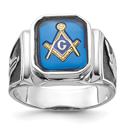 14K Weißgold Siegelring, poliert und strukturiert, mit schwarzem Emaille und imitiertem blauem Spinell, Freimaurer-Design