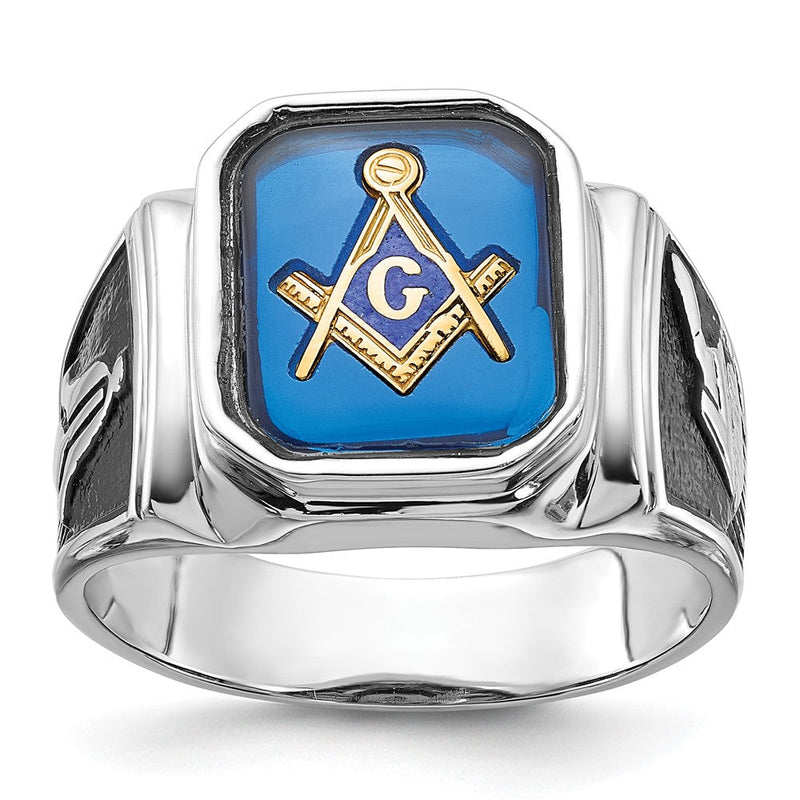 14K Weißgold Siegelring, poliert und strukturiert, mit schwarzem Emaille und imitiertem blauem Spinell, Freimaurer-Design