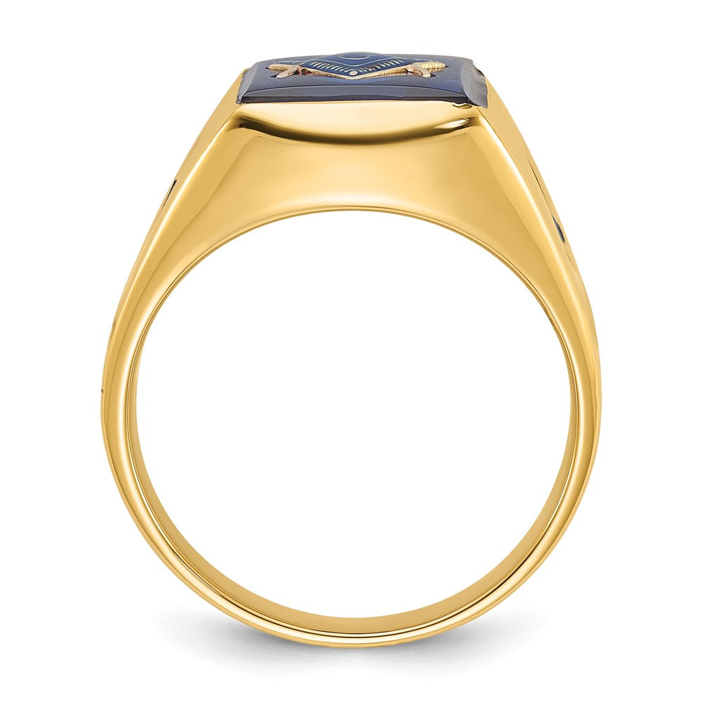 14K Gelbgold Herren-Siegelring, poliert und geriffelt, mit schwarzem Emaille und imitiertem blauem Spinell, Freimaurer-Design