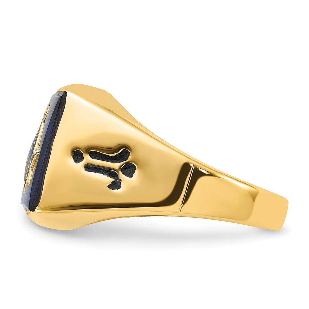14K Gelbgold Herren-Siegelring, poliert und geriffelt, mit schwarzem Emaille und imitiertem blauem Spinell, Freimaurer-Design