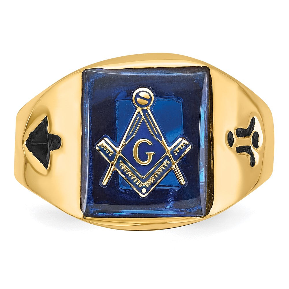 14K Gelbgold Herren-Siegelring, poliert und geriffelt, mit schwarzem Emaille und imitiertem blauem Spinell, Freimaurer-Design