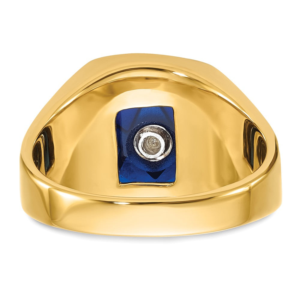 14K Gelbgold Herren-Siegelring, poliert und geriffelt, mit schwarzem Emaille und imitiertem blauem Spinell, Freimaurer-Design