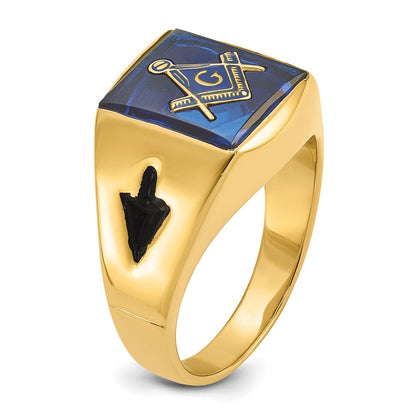 14K Gelbgold Herren-Siegelring, poliert und geriffelt, mit schwarzem Emaille und imitiertem blauem Spinell, Freimaurer-Design