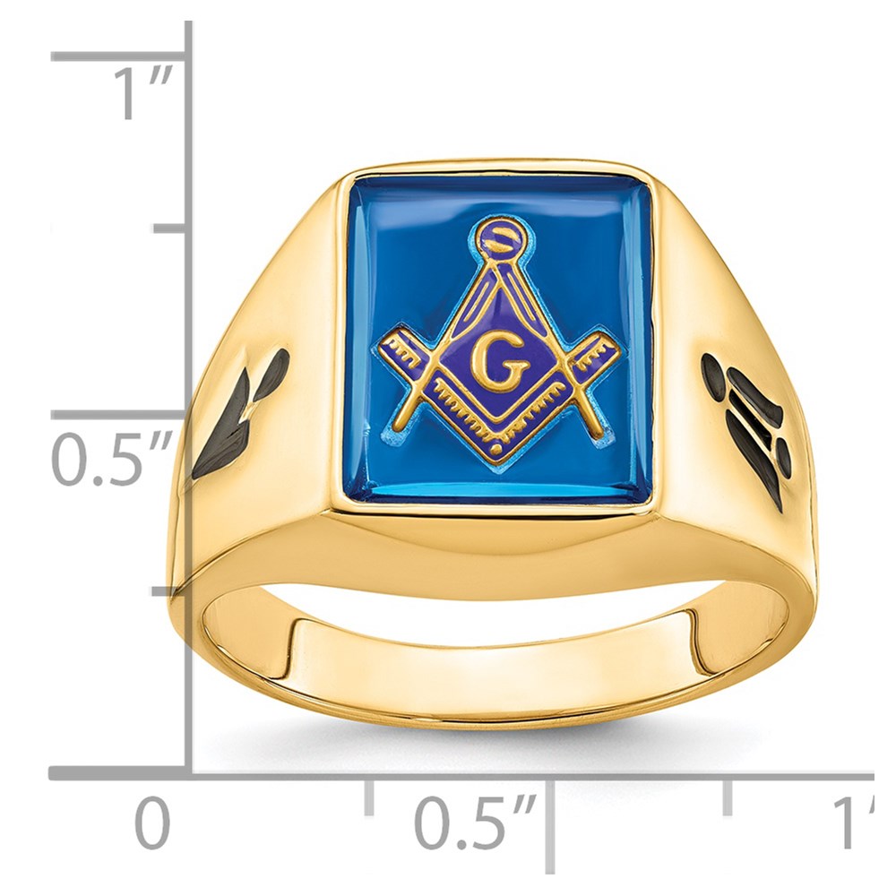 14K Gelbgold Herren-Siegelring, poliert und geriffelt, mit schwarzem Emaille und imitiertem blauem Spinell, Freimaurer-Design