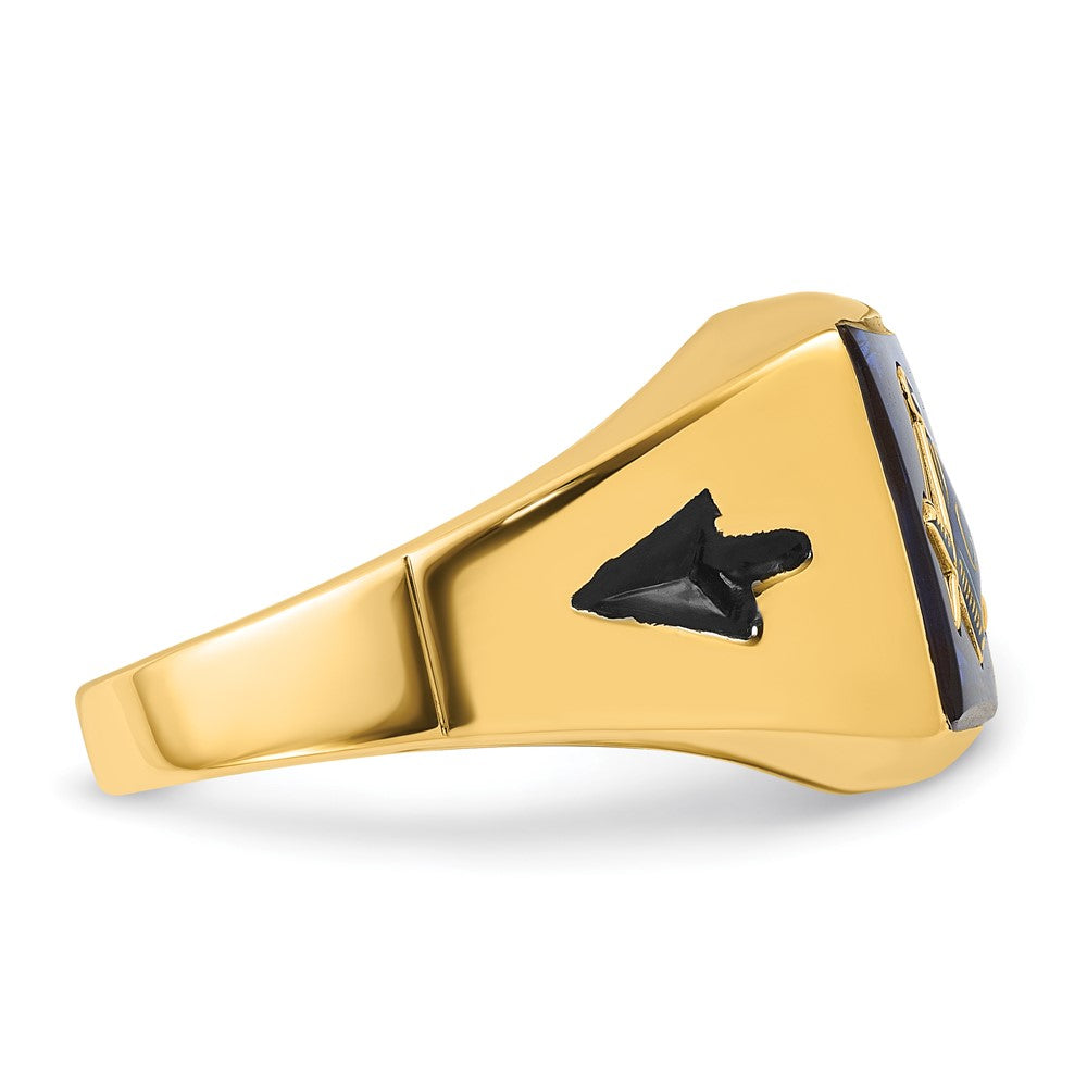 14K Gelbgold Herren-Siegelring, poliert und geriffelt, mit schwarzem Emaille und imitiertem blauem Spinell, Freimaurer-Design