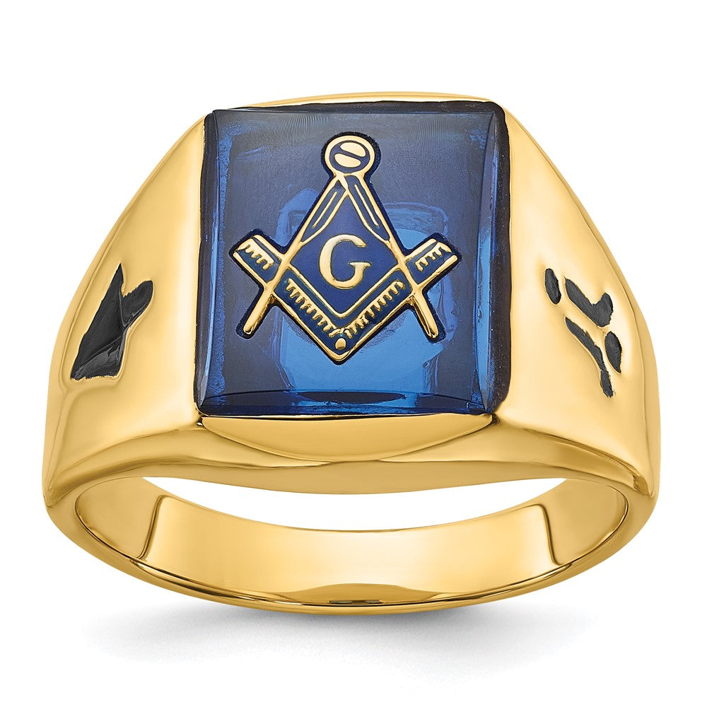 14K Gelbgold Herren-Siegelring, poliert und geriffelt, mit schwarzem Emaille und imitiertem blauem Spinell, Freimaurer-Design