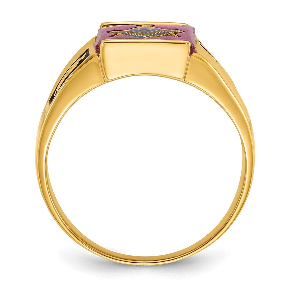 14K Gelbgold Herren-Freimaurerring, poliert und texturiert, mit schwarzem Emaille und Rubin aus dem Labor