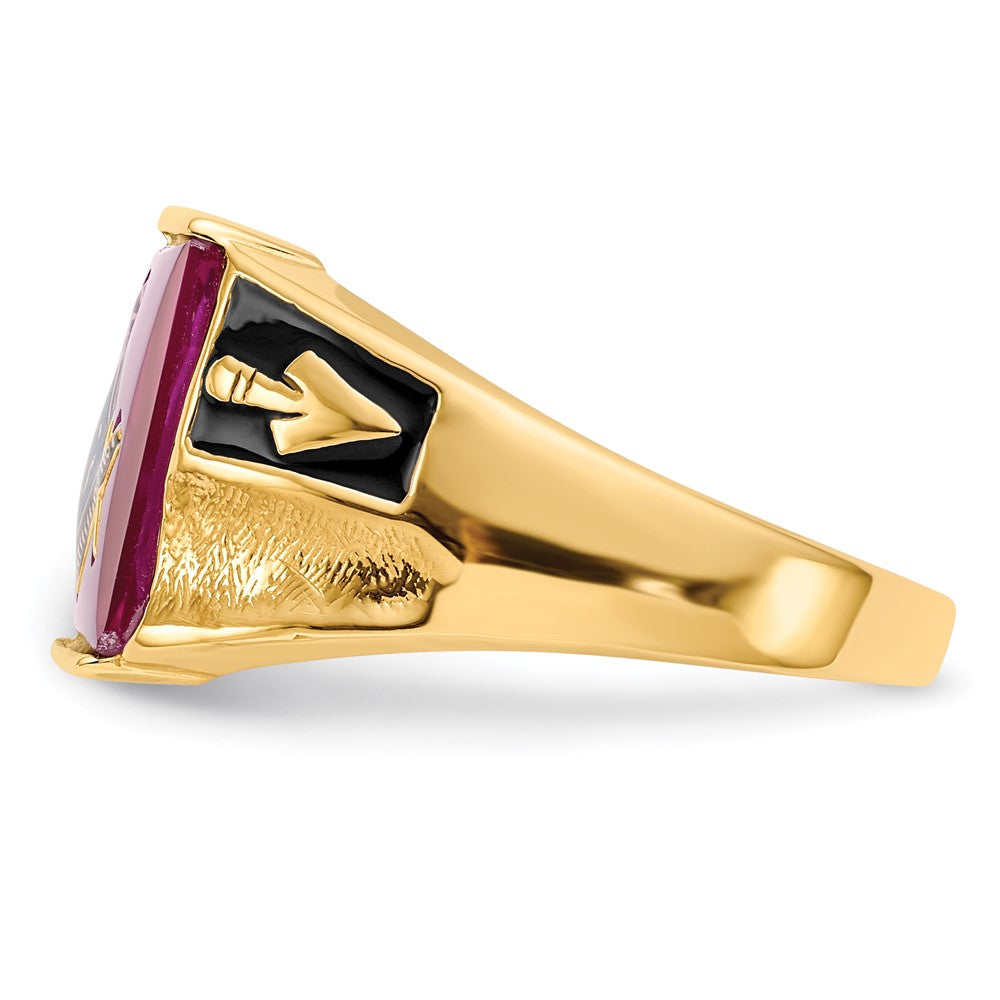 14K Gelbgold Herren-Freimaurerring, poliert und texturiert, mit schwarzem Emaille und Rubin aus dem Labor