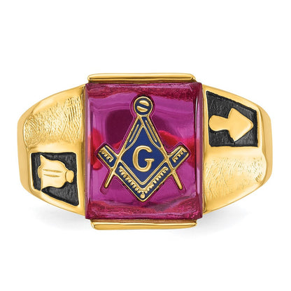14K Gelbgold Herren-Freimaurerring, poliert und texturiert, mit schwarzem Emaille und Rubin aus dem Labor
