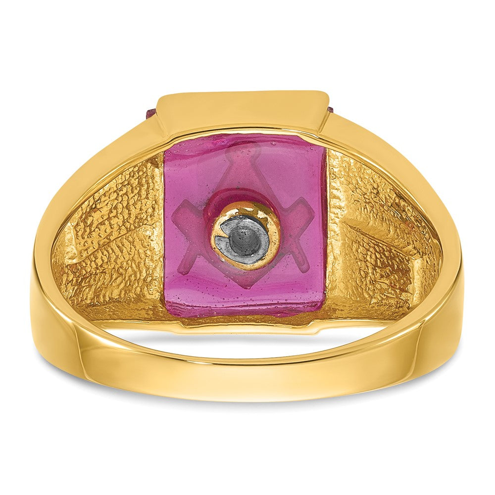 14K Gelbgold Herren-Freimaurerring, poliert und texturiert, mit schwarzem Emaille und Rubin aus dem Labor