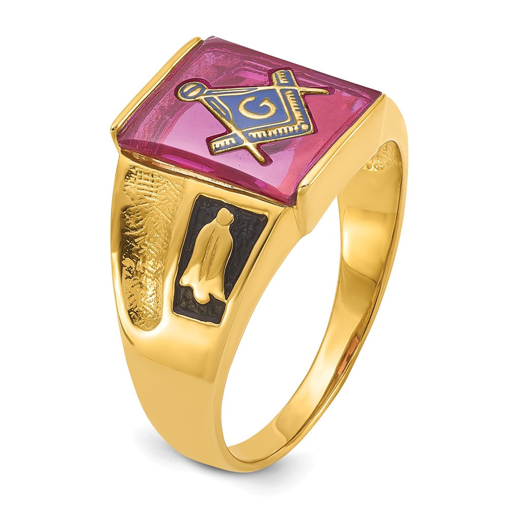 14K Gelbgold Herren-Freimaurerring, poliert und texturiert, mit schwarzem Emaille und Rubin aus dem Labor