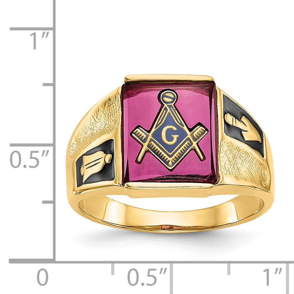 14K Gelbgold Herren-Freimaurerring, poliert und texturiert, mit schwarzem Emaille und Rubin aus dem Labor