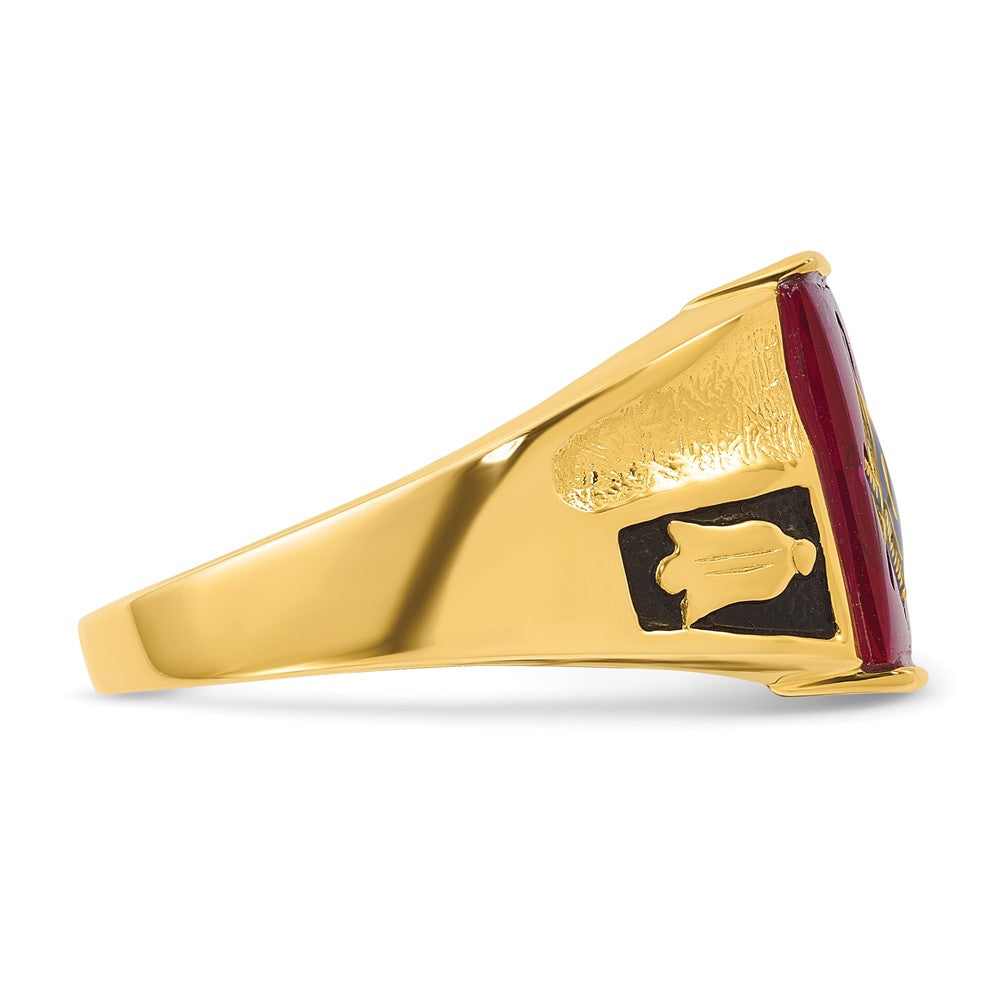 14K Gelbgold Herren-Freimaurerring, poliert und texturiert, mit schwarzem Emaille und Rubin aus dem Labor