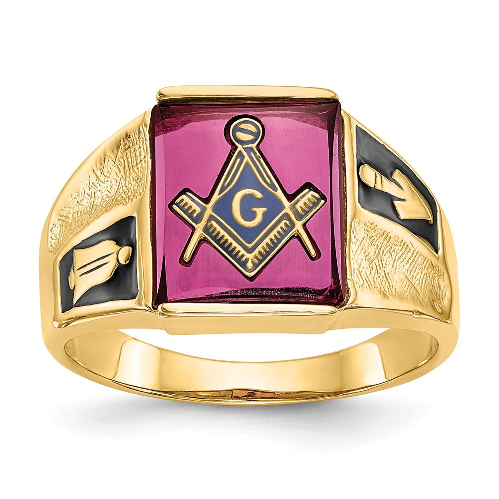 14K Gelbgold Herren-Freimaurerring, poliert und texturiert, mit schwarzem Emaille und Rubin aus dem Labor